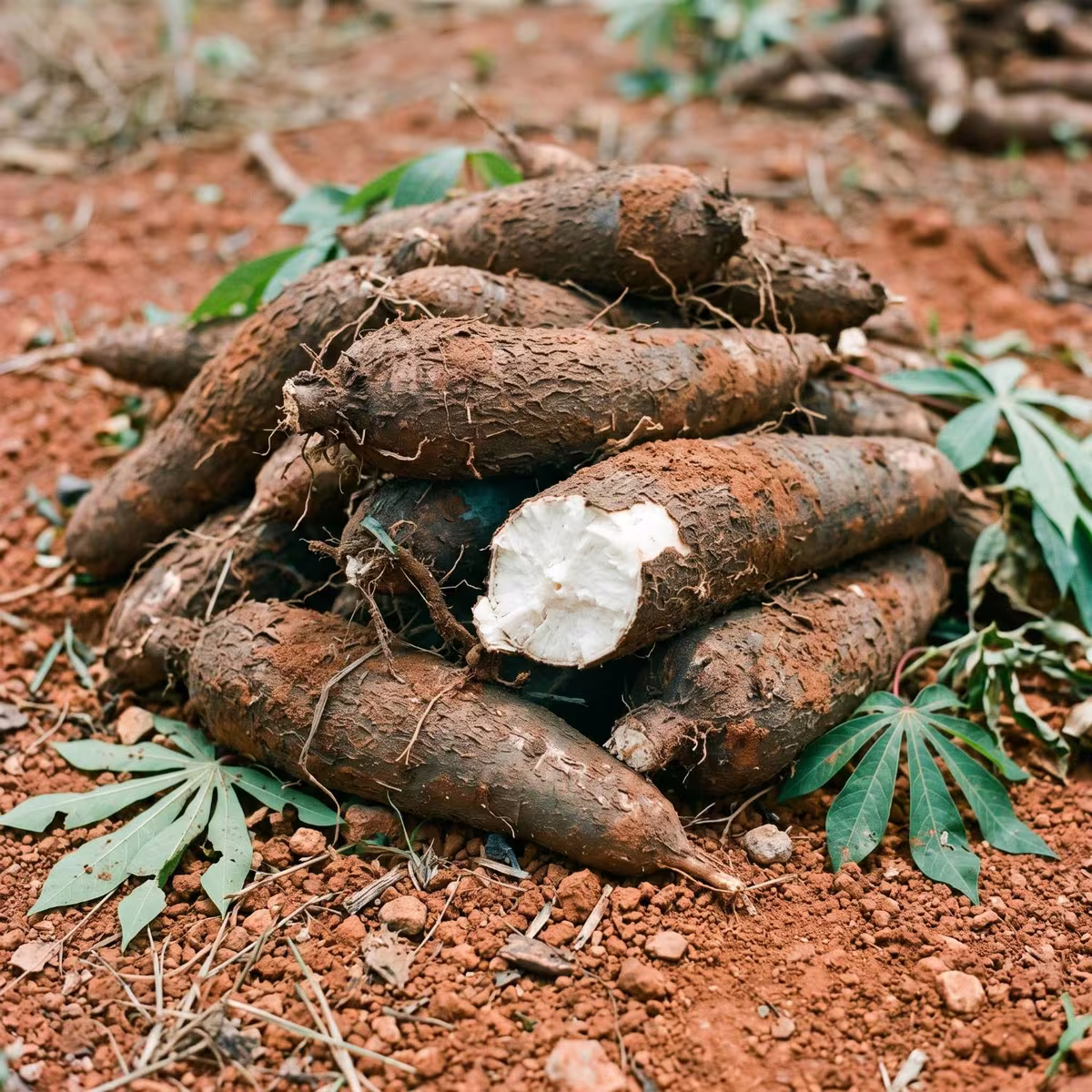 Racines de manioc fraîchement récoltées sur une terre rouge