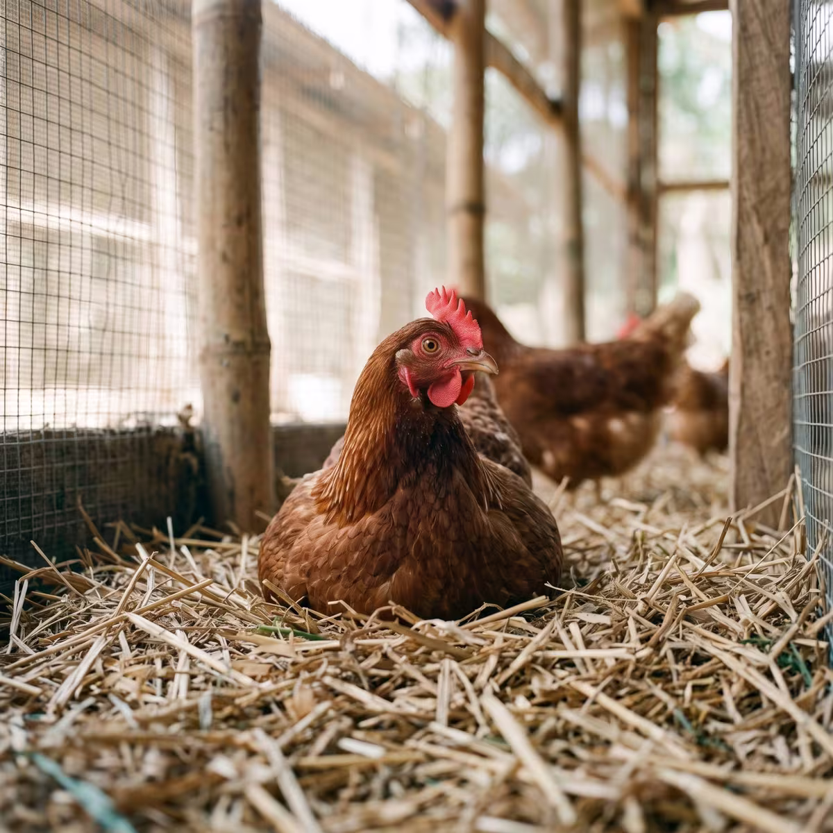 Poules pondeuses sur une litière de paille dans un poulailler
